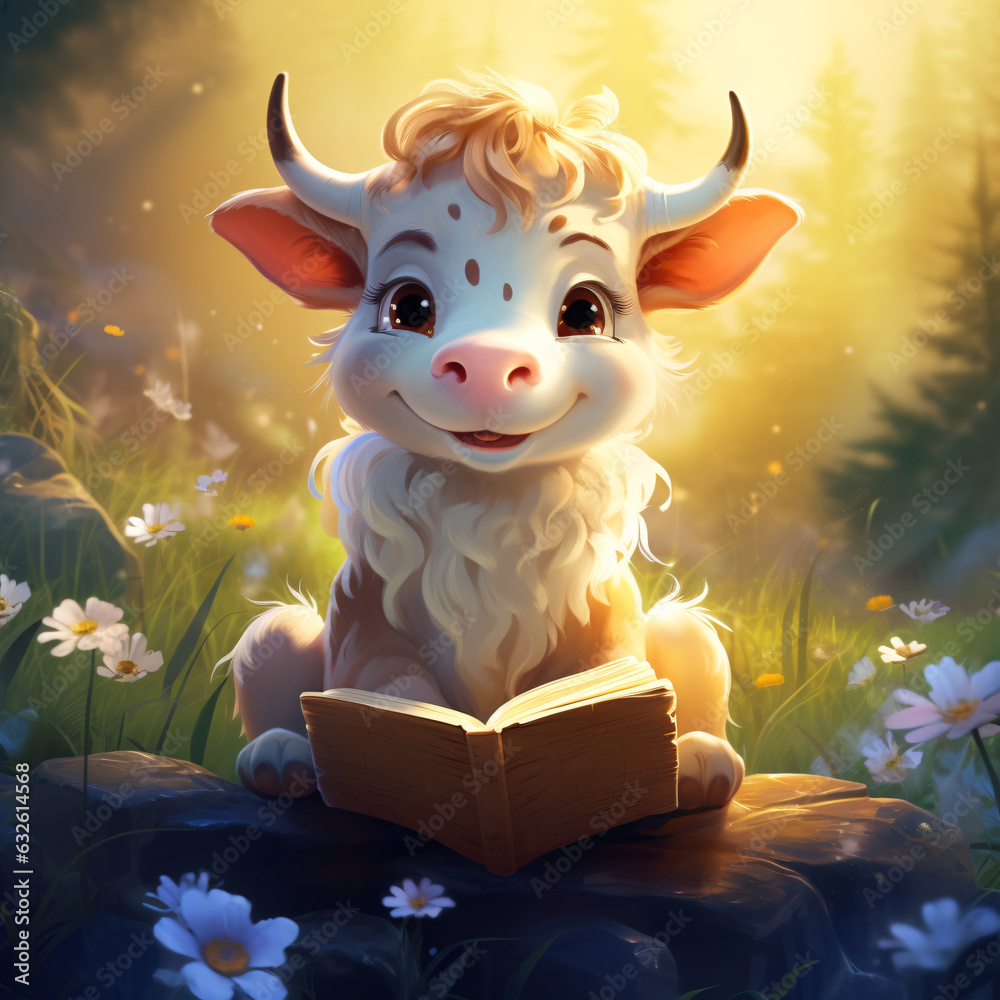 Engrsse Dive into a world of imagination with a little cow sitting and ...