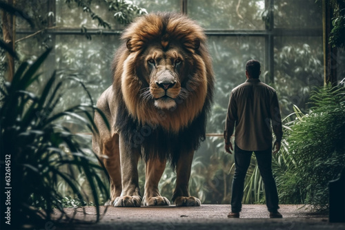 A man standing in front of a lion