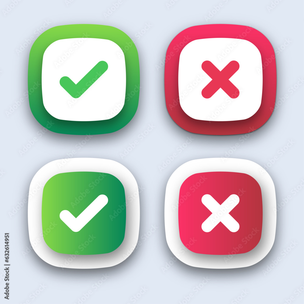 Right wrong symbol in application style icon set with shadows. Right, Wrong mark color. Vector set of flat round check mark, X mark icons, Checkmark vector. Right wrong symbol in application style icon set with shadows. Right, Wrong mark color. Vector set of flat round check mark, X mark icons, Checkmark vector.