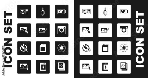 Set Battery for camera, Photo retouching, Dust blower, Camera shutter and timer icon. Vector