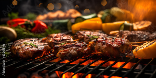  Grilled pieces of delicious rump steak garnished with herbs and sauce alongside mushrooms and vegetables over flames Grilling and BBQ. Beef steaks on the grill