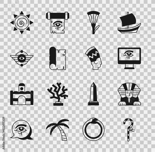 Set Crook, Sphinx, Eye of Horus on monitor, Egyptian lotus, Papyrus scroll, symbol Winged sun, Sun and Nefertiti icon. Vector