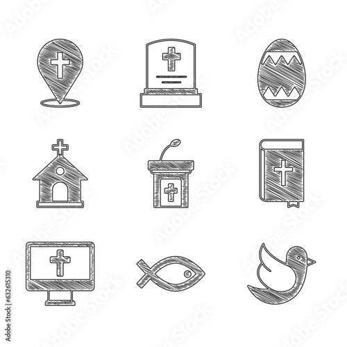 Set Church sermon tribune, Christian fish symbol, Dove, Holy bible book, cross monitor, building, Easter egg and Location church icon. Vector