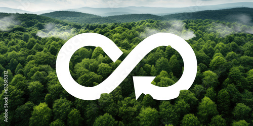 circular economy green environmentally sustainable business forestry, esg environmental social governance. illustration of endless arrow in front of forest tree tops. generative ai photo