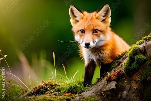 red fox cub, Amidst a lush forest, a curious fox cub with vibrant orange fur cautiously peeks out from behind a moss-covered rock photo