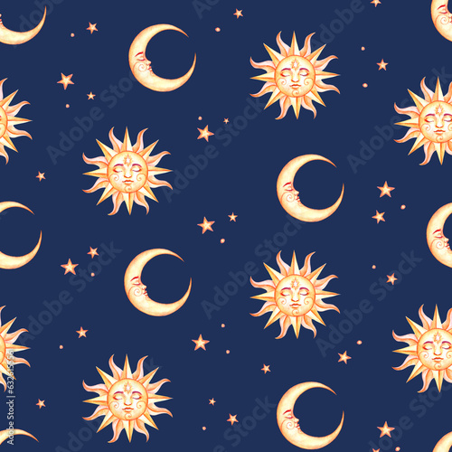 Watercolor seamless magic celestial pattern with golden sun with face  stars and crescent on dark blue background. Illustration for astrological blogs  prints  fabric  wrapping paper  nursery room.