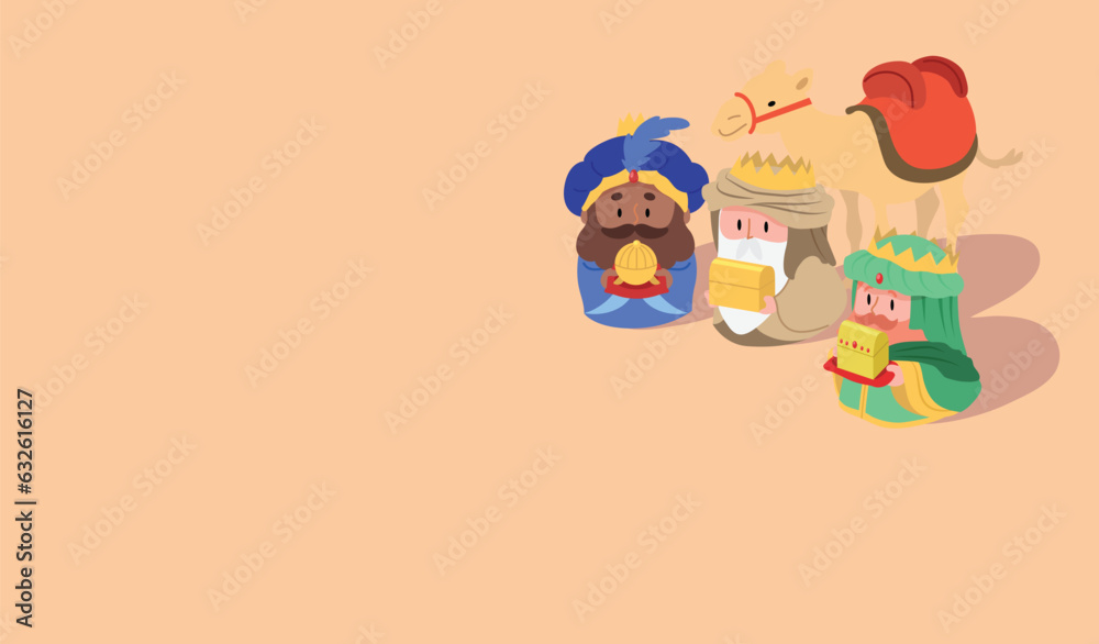 Αυτοκόλλητο Three wise men, magi or three biblical kings presenting gifts of gold, frankincense, and myrrh cartoon vector