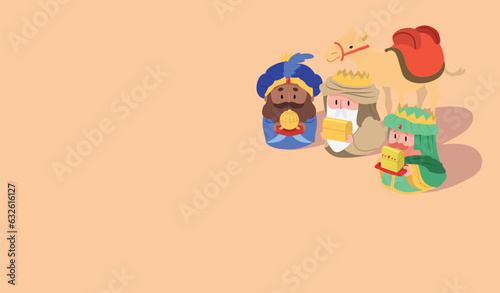 Fotografija Three wise men, magi or three biblical kings presenting gifts of gold, frankincense, and myrrh cartoon vector