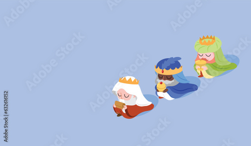 Three wise men, magi or three biblical kings. Melchior, Caspar and Balthazar bowing, presenting gifts of gold, frankincense, and myrrh cartoon vector. Nativity or epiphany celebration banner vector.