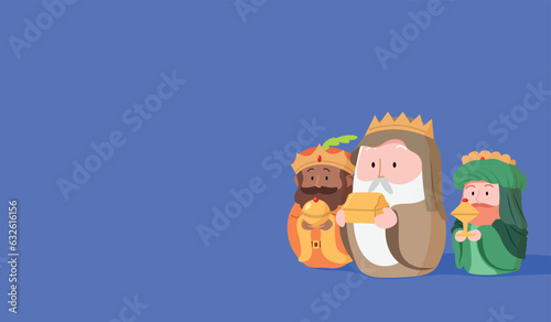 Three wise men, magi or three biblical kings presenting gifts of gold, frankincense, and myrrh cartoon vector. Nativity or epiphany banner vector. photo