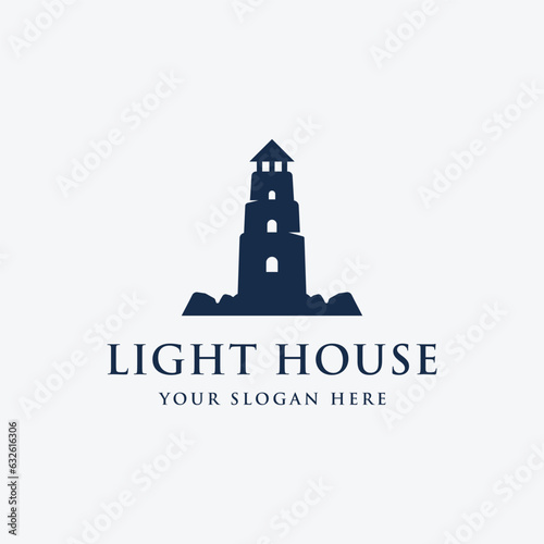 Sea harbor lighthouse tower logo design creative building with spotlights vintage vector template.