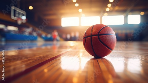 Basketball ball lying on floor on sport arena, stadium with sun light coming into gym. Ai generated art