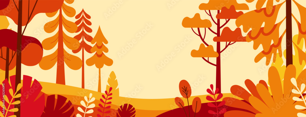 Vector illustration in simple minimal geometric flat style - autumn city landscape with buildings, hills and trees - abstract horizontal banner and background with copy space for text