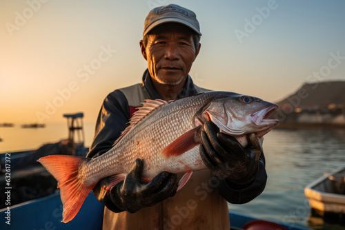 pécheur revenant de la pêche et tenant fièrement sa plus grosse prise du jour, un gros poisson tout juste sorti de l'eau, décor arrière plan le port de pêche