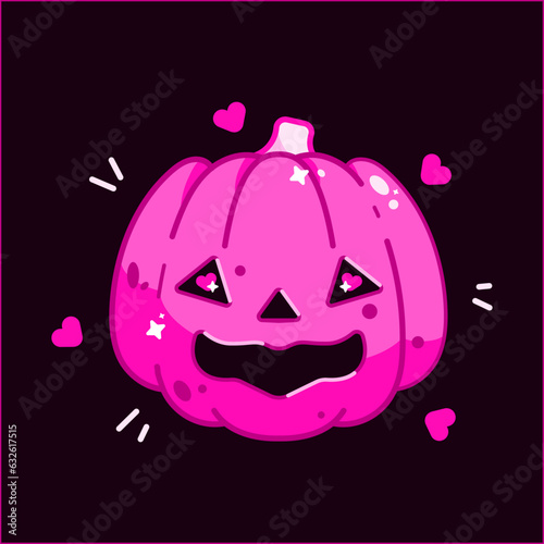 Festive happy scary pumpkin. Bright pink halloween sticker. Y2k elements of 90s, 00s. Doll pink color.