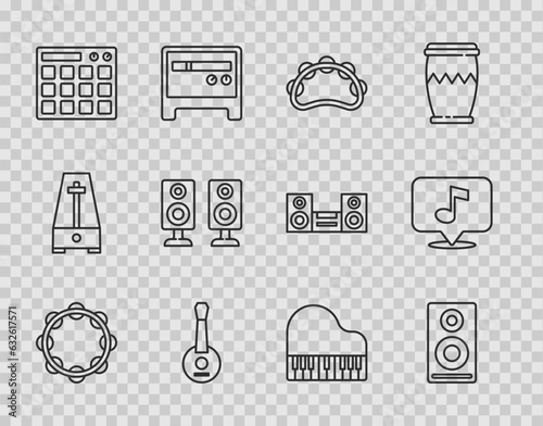 Set line Tambourine, Stereo speaker, Banjo, Drum machine, Grand piano and Musical note icon. Vector