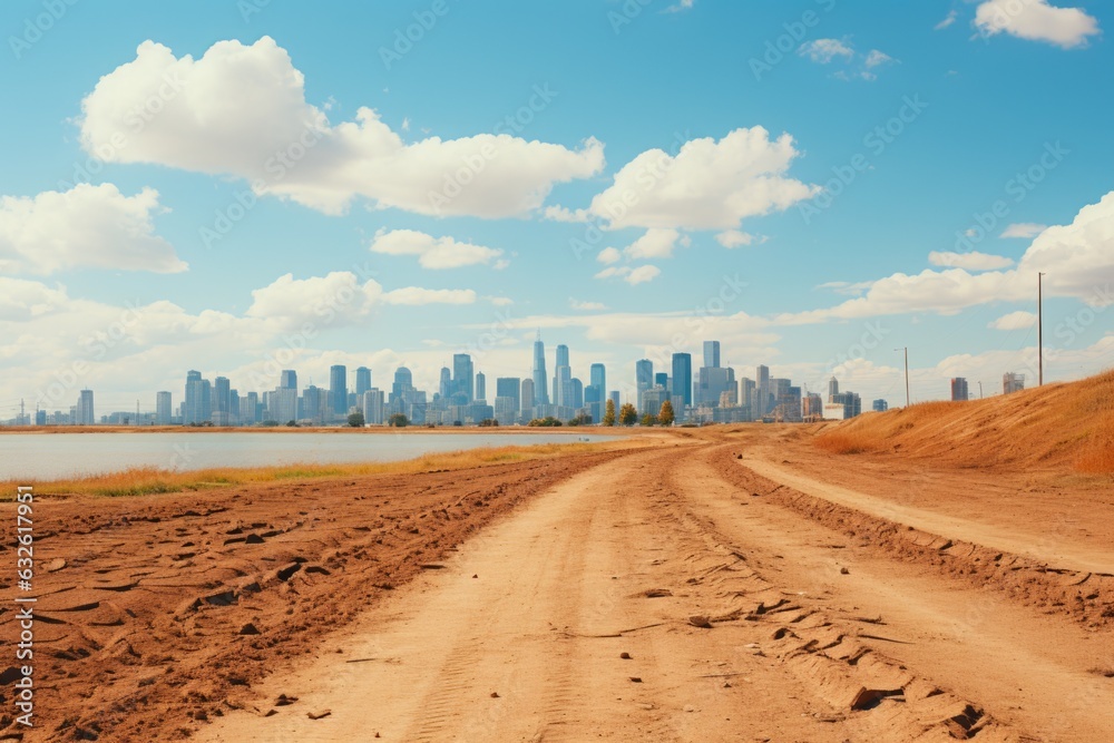 A dirt road with a city in the background. AI.