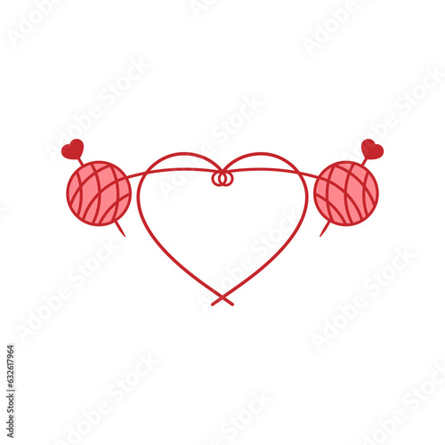 Balls of yarn with knitting needles and a long tangled thread in the shape of a heart and a loop.