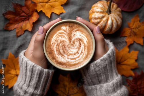 Canvastavla Top view of woman hands holding coffee with latte art on seasonal autum leaves b