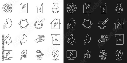 Set line Location with leaf, Laboratory glassware or beaker, Eco friendly house, Molecule, Human kidney, Bacteria and Petri dish pipette icon. Vector