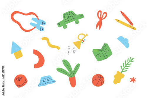 Set of toys for concept of swap things. Sharing or swap party background. Eco consumption of things.