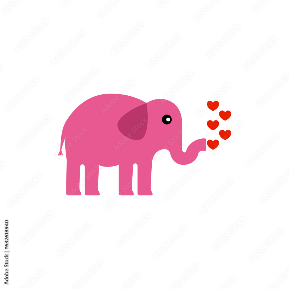 Fototapeta premium Pink elephant blowing hearts out of his trunk. Simple minimal vector illustration.
