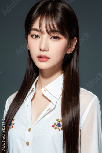 Portrait of beautiful Japanese girl with white button down with embroidered collar, sideswept fringe bangs with lengths styled pin straight. photo