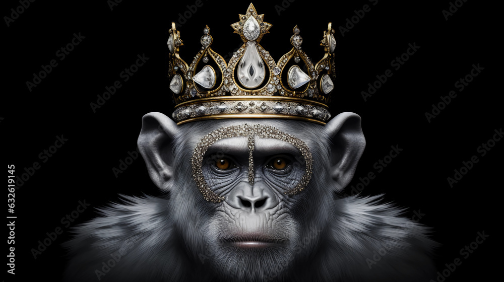 black and white portrait of a monkey king monkey with a crown on his head