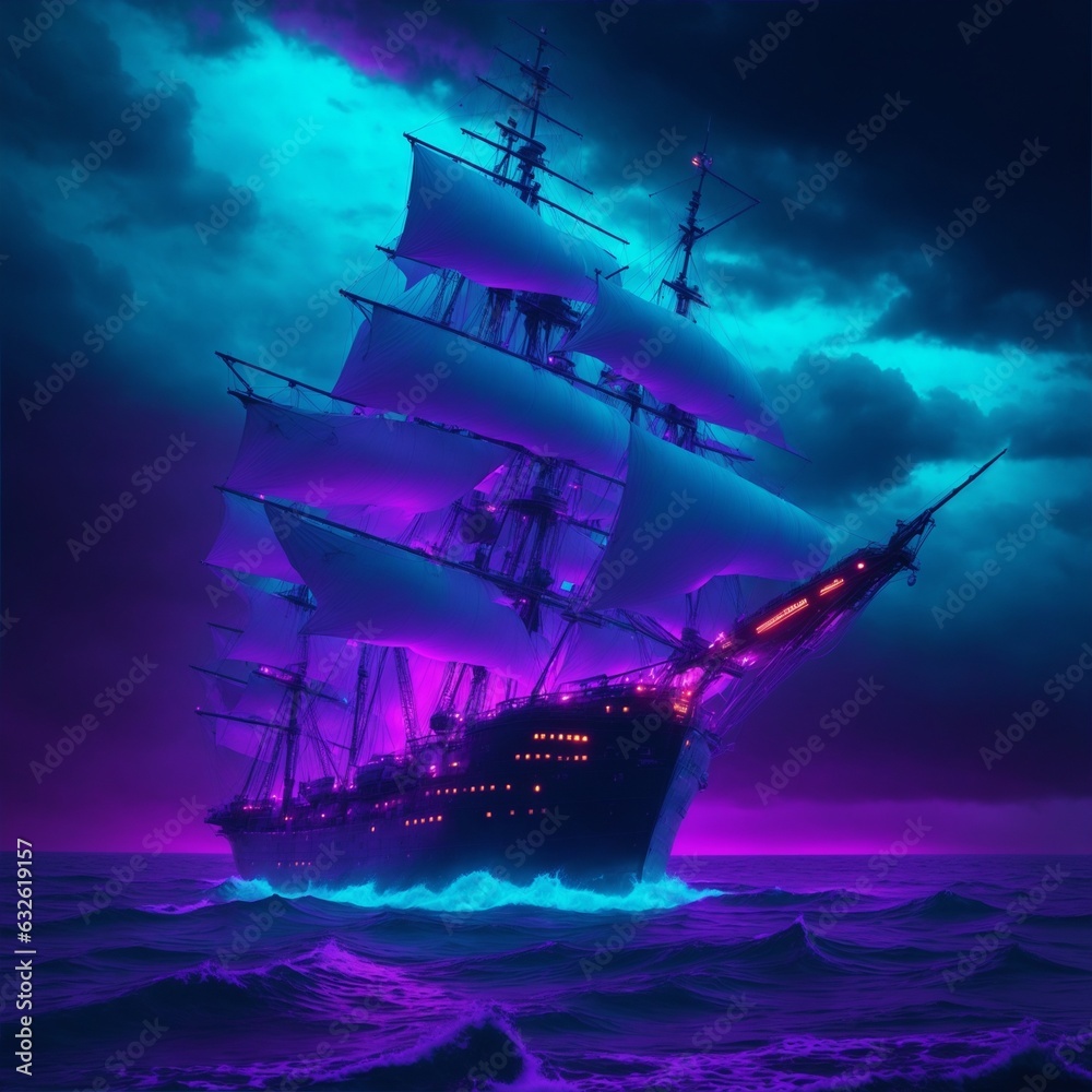 ship in the ocean neon lights