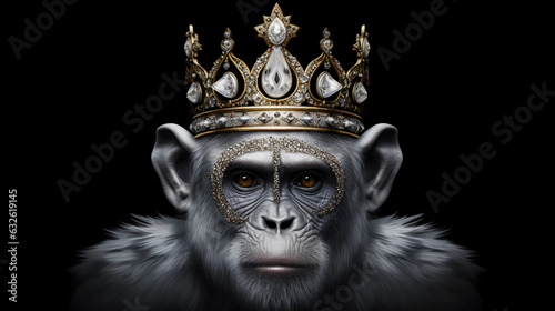 black and white portrait of a monkey king monkey with a crown on his head