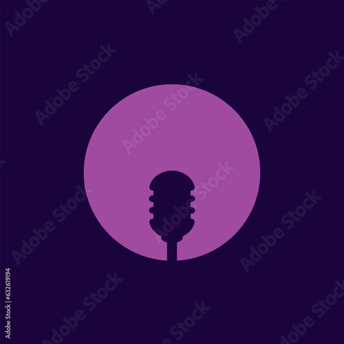 Microphone silhouette in an empty circle. Vector template and design in dark minimal simple flat style. 