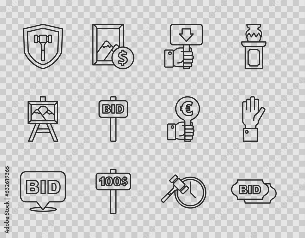Set line Bid, Hand holding auction paddle, Auction hammer, and icon. Vector Set line Bid, Hand holding auction paddle, Auction hammer, and icon. Vector