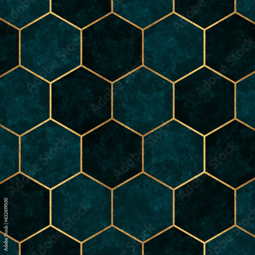 Dark Teal and Gold Hexagon Wallpaper