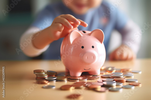 Fotografia A child learns to save with his pink piggy bank,A prosperous future begins with