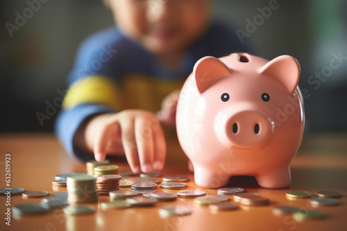A child learns to save with his pink piggy bank,A prosperous future begins with small savings