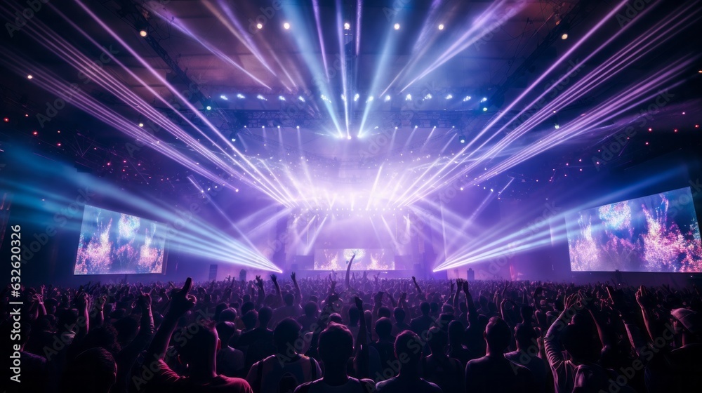 A crowd of people at a Ultra modern live event, concert, or ceremony. Large audience, crowd, or participants of a live event venue with bright lights above. Generative AI.
