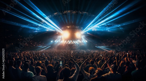 A crowd of people at a Ultra modern live event, concert, or ceremony. Large audience, crowd, or participants of a live event venue with bright lights above. Generative AI. © vadymstock