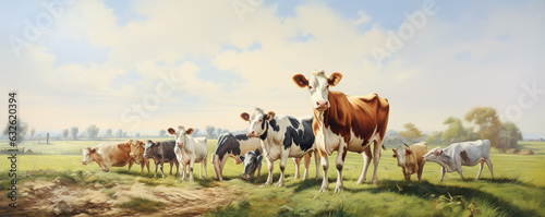Brown and white cows in a grassy field on a bright and sunny day