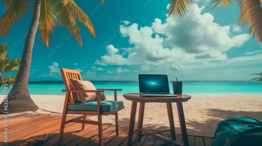 Art remote work in a tropical sea beach. Dream work off Generative AI Art remote work in a tropical sea beach. Dream work off Generative AI
