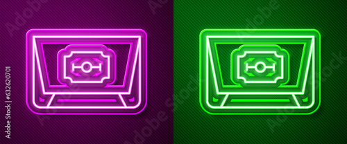 Glowing neon line Blade razor icon isolated on purple and green background. Vector