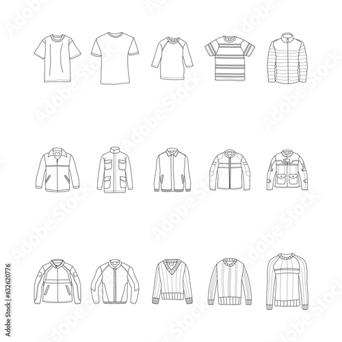 Doodle clothes. Vector set of t-shirt, jacket, sweater in doodle style with a black line on a white background for a label design