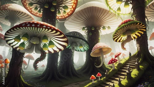 Mushroom forest of fly agaric in dense fog, created using artificial intelligence.