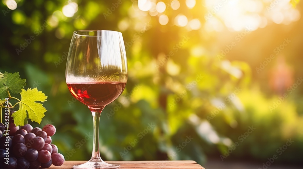 Glass of wine, winery concept background in garden vineyards soft focus. AI generative.
