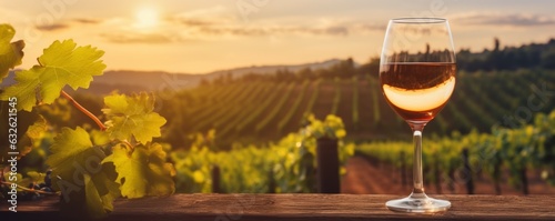 Glass of wine, winery concept background in garden vineyards soft focus. AI generative. photo