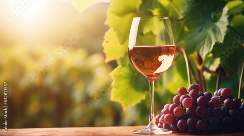 Glass of wine, winery concept background in garden vineyards soft focus. AI generative.