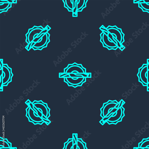 Green line Electric circular saw with steel toothed disc icon isolated seamless pattern on blue background. Electric hand tool for cutting wood or metal. Vector © Kostiantyn
