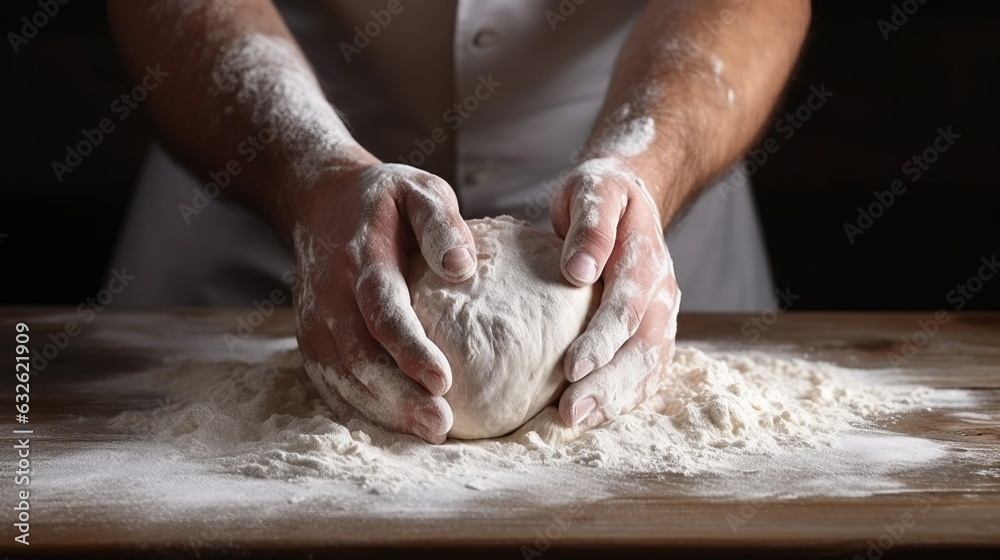 Male hands kneading dough on sprinkled with flour table, closeup view. Ai generative
