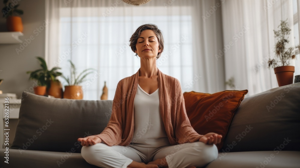 Middle aged woman meditating at home. AI generative. Middle aged woman meditating at home. AI generative.