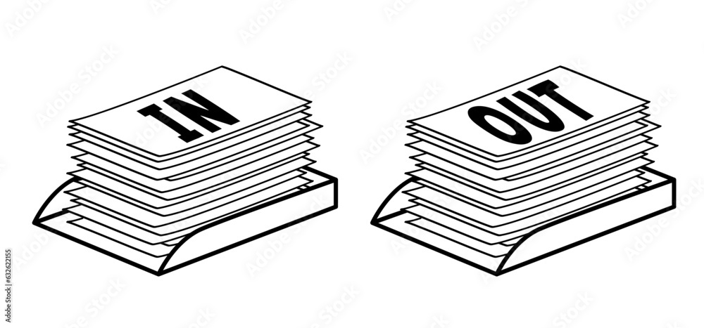 Writing paper and in, out, letter tray. Trays for papers. Cartoon empty copy paper, stacked papers. Flat paper stack. Document, paperwork. Pile papers, file. Printouts, hardcopy documents.  - obrazy, fototapety, plakaty 