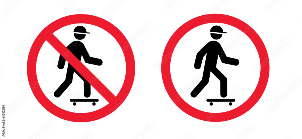 No skateboarding. Stop do not skateboard zone pictogram. Forbidden for Skateboards icon. Forbid depicting banned activities. Stop halt allowed, no ban signboard. Flat vector no skater sign. No skateboarding. Stop do not skateboard zone pictogram. Forbidden for Skateboards icon. Forbid depicting banned activities. Stop halt allowed, no ban signboard. Flat vector no skater sign.